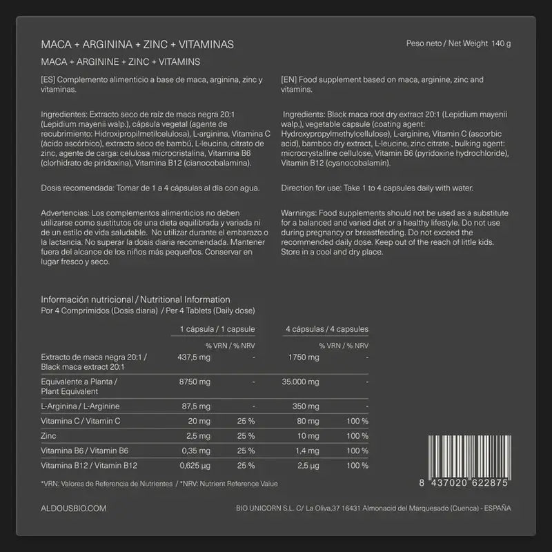 Aldous Bio Peruvian Black Maca Complex Arginina, Zinco, Vitamina C, B12 e B6 , 200 capsule