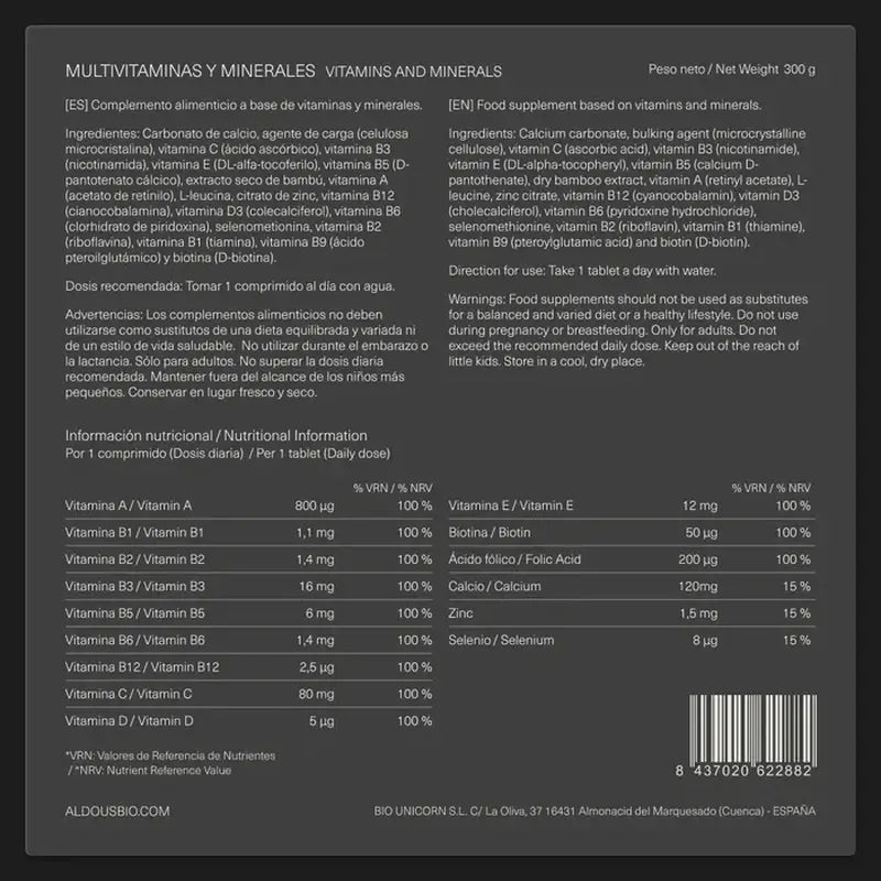 Aldous Bio Multivitamine Vitamina C, D, E, A, Vitamine del gruppo B, Biotina, Acido folico, Calcio, Zinco, Selenio , 500 compresse
