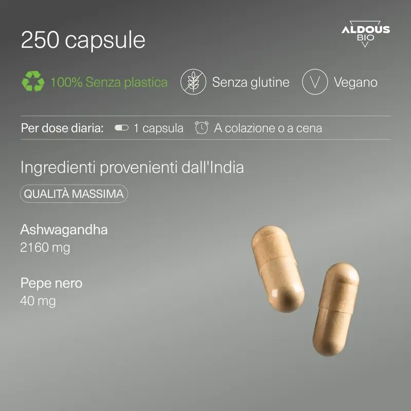 Aldous Bio Radice di Ashwagandha con Pepe Nero , 250 capsule