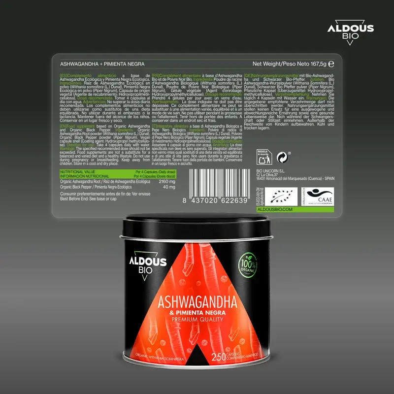 Aldous Bio Radice di Ashwagandha con Pepe Nero , 250 capsule