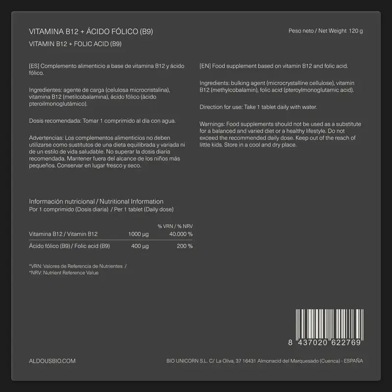Aldous Bio Vitamina B12 con acido folico , 400 compresse
