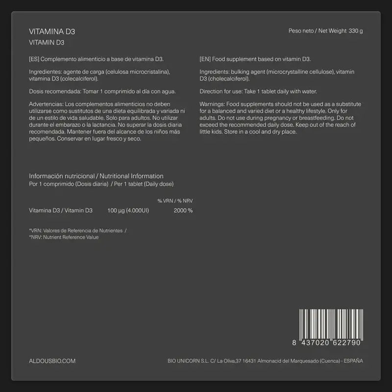Aldous Bio Vitamina D3 4000 Ui Aldous, 500 compresse