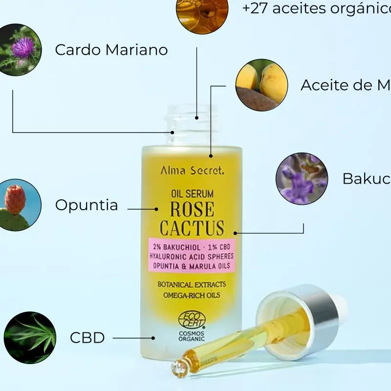 Alma Secret Rose Cactus Serum-Oil con 2% di Bakuchiol, 1% di Cbd e A. Ialuronico.