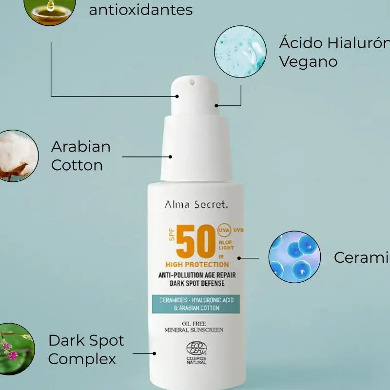Alma Secret Solar Facial Protezione solare naturale Spf 50 con Ceramidi, anti-brufoli e senza olio