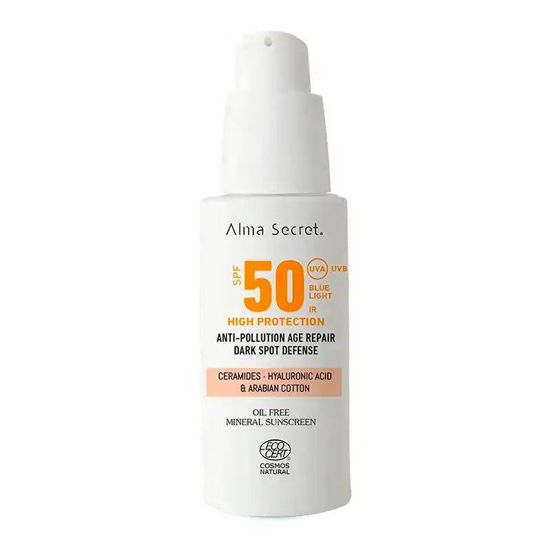 Alma Secret Solar Facial Protezione solare naturale Spf 50 con Ceramidi, Anti-Blemish e Oil-Free (Colore: Sabbia)