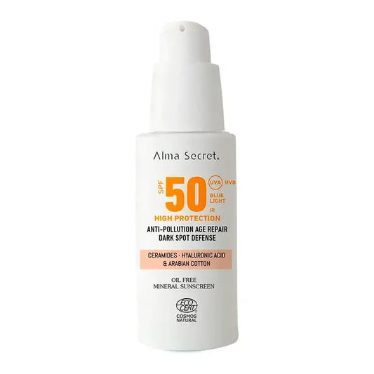 Alma Secret Solar Facial Protezione solare naturale Spf 50 con Ceramidi, Anti-Blemish e Oil-Free (Colore: Sabbia)