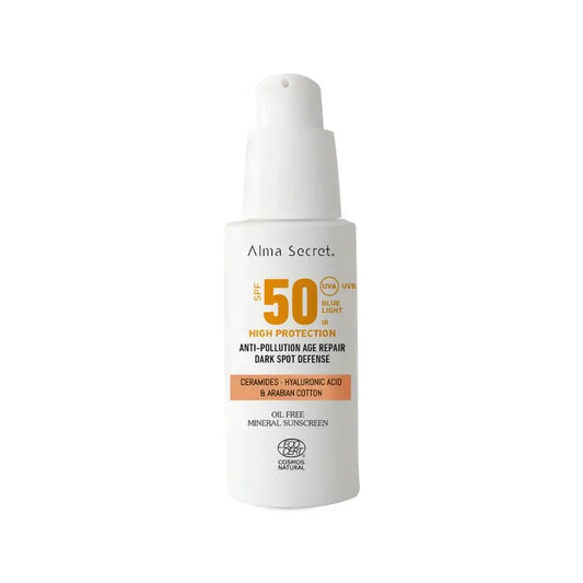 Alma Secret Protezione solare naturale per il viso SPF50 Ceramidi, Anti-Blemish e Oil-Free Golden, 50 ml