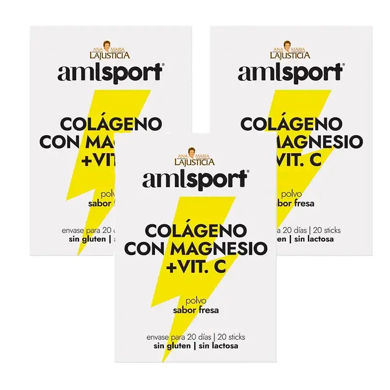 Amlsport Collagene con magnesio + vitamina C al gusto di fragola, 3X20 bastoncini
