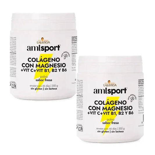 Amlsport Collagene con Magnesio + Vitamina C + Vitamina B1 B2 B6 Gusto fragola, 2X350 Gr
