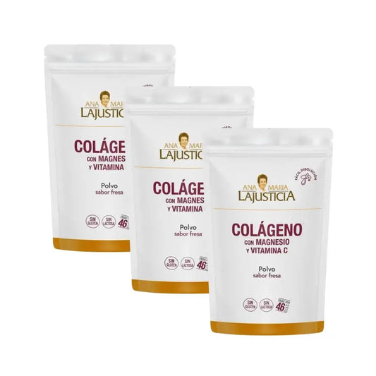 Ana Maria Lajusticia Collagene con Magnesio + Vit.C Polvere al gusto di fragola Doypack, 3x350 grammi