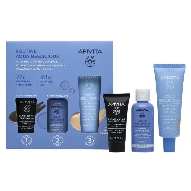 Apivita Aqua Beelicious Crema Fluida Idratante Luminosa Spf30 Colore + Nero Detox 15Ml + Tonico Perfezionatore 50Ml