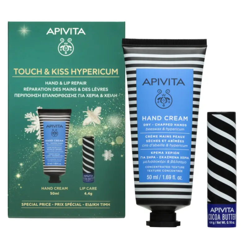 Apivita Cofanetto Crema per le mani all'iperico + Burro di cacao per le labbra, 50 + 4,4 ml