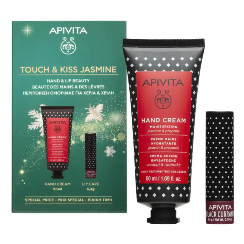 Apivita Cofanetto Crema per le mani al gelsomino + Crema per le labbra al ribes nero, 50 + 4,4 ml
