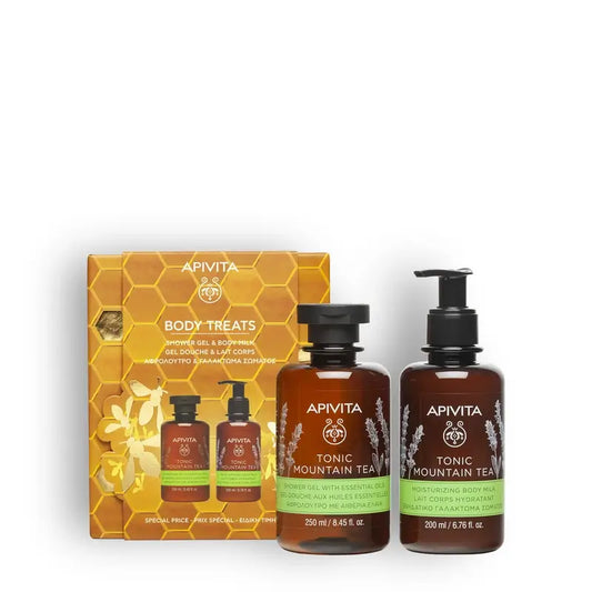 Apivita Box - Gel tonico al tè di montagna + latte per il corpo 200Ml, 2 unità
