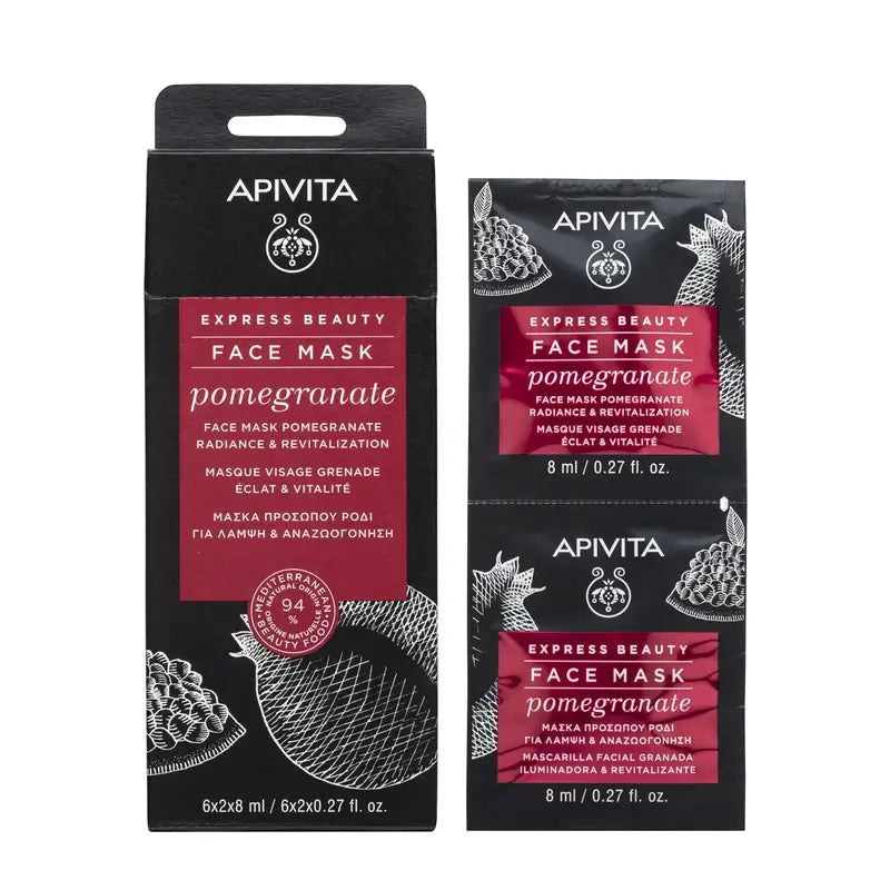 Apivita Express Beauty Maschera viso al melograno - Illuminante e rivitalizzante, 2x8 ml
