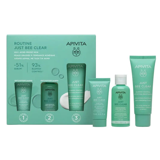 Apivita Just Bee Clear + Gel detergente 15Ml + Lozione purificante 50Ml