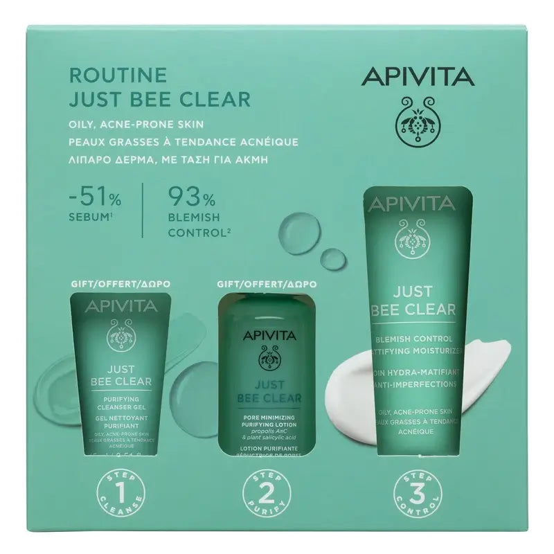 Apivita Just Bee Clear + Gel detergente 15Ml + Lozione purificante 50Ml
