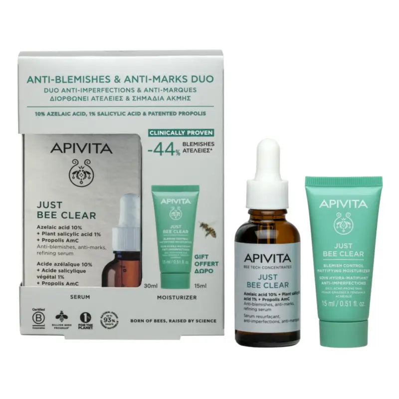 Apivita Siero Just Bee Clear 30 ml + Crema idratante opacizzante anti-imperfezioni 15 ml