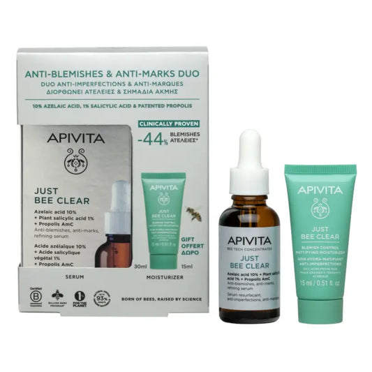 Apivita Siero Just Bee Clear 30 ml + Crema idratante opacizzante anti-imperfezioni 15 ml