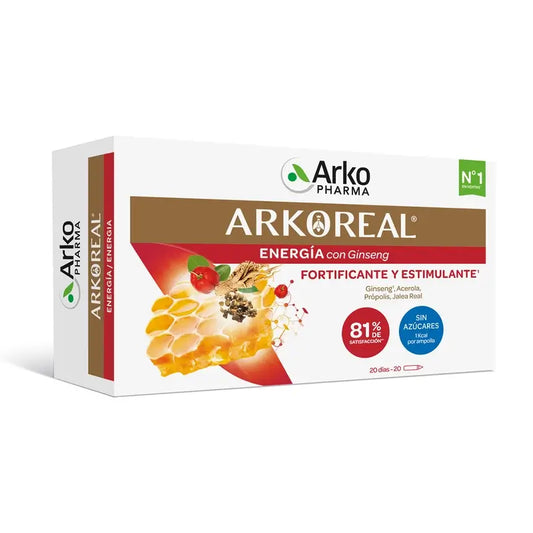 Arkopharma Arkoreal Pappa Reale Energia con Ginseng Senza Zucchero, 20 fiale