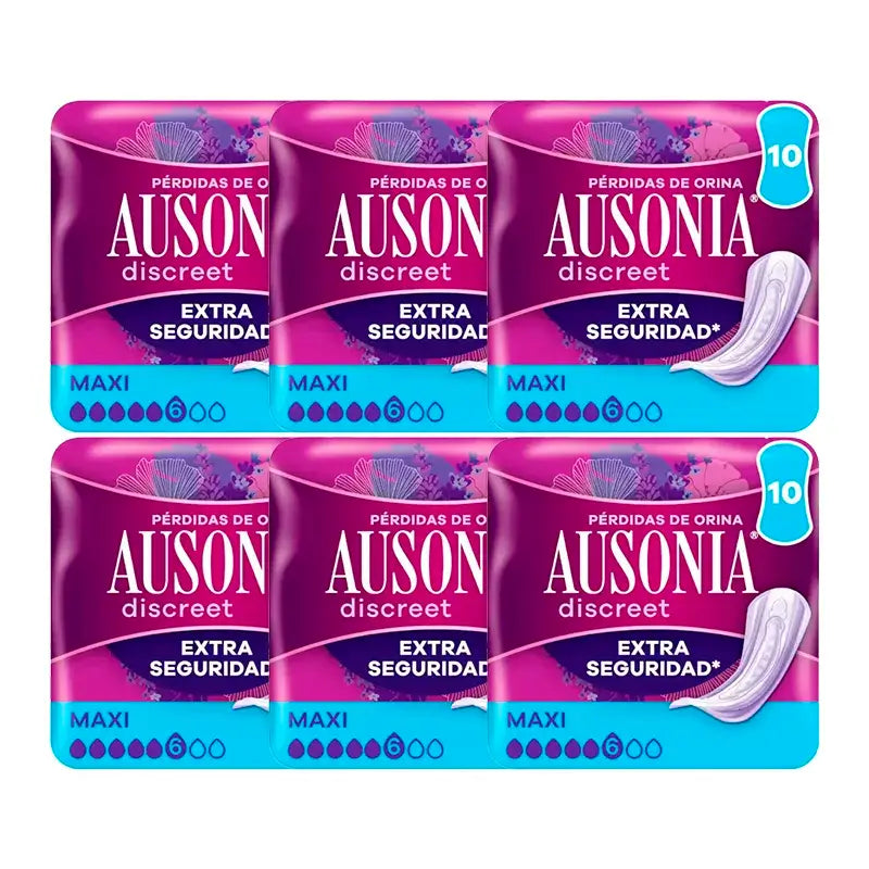 Ausonia confezione di assorbenti discreti per la perdita di urina per donne Maxi, 6 x 10 unità