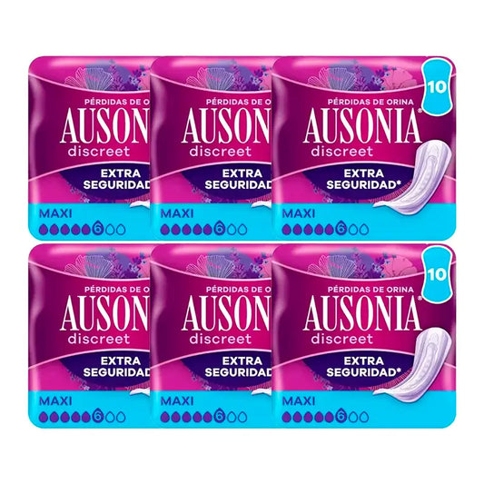 Ausonia confezione di assorbenti discreti per la perdita di urina per donne Maxi, 6 x 10 unità