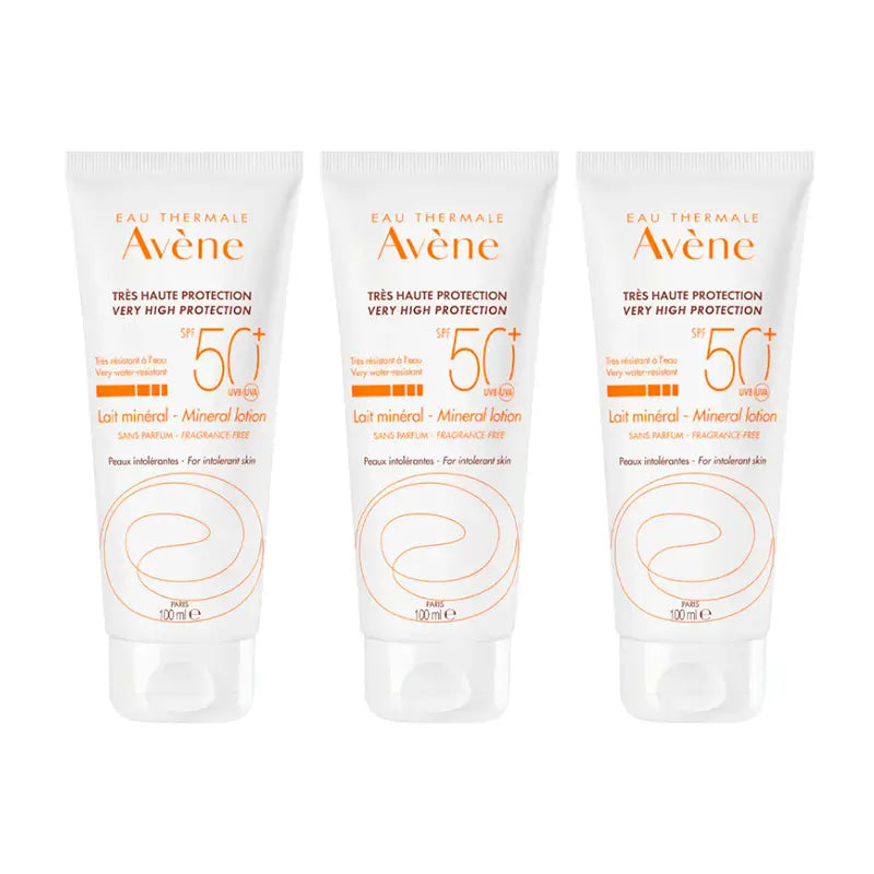 Avène Latte minerale di protezione solare per pelli intolleranti Spf 50+, 3 x 100 ml