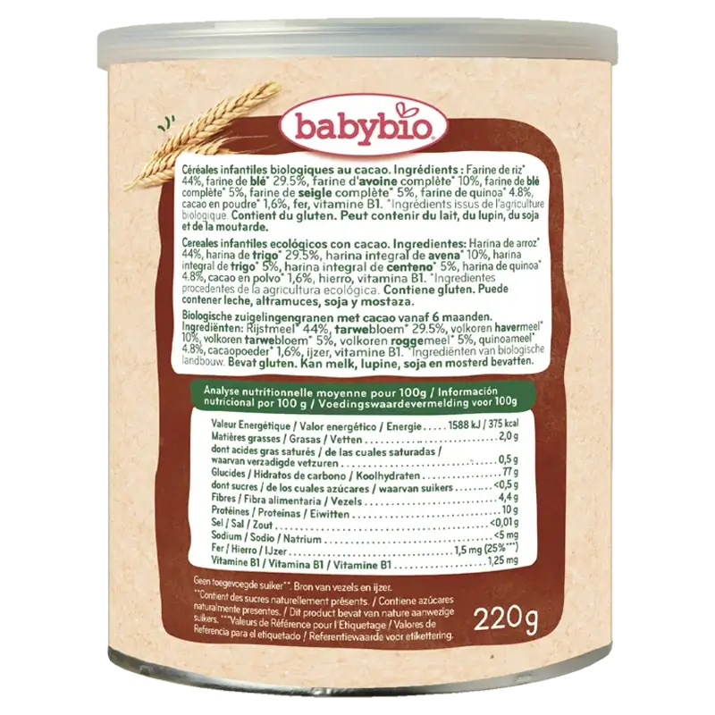 Babybio 5 Cereali con Cacao , 220 grammi