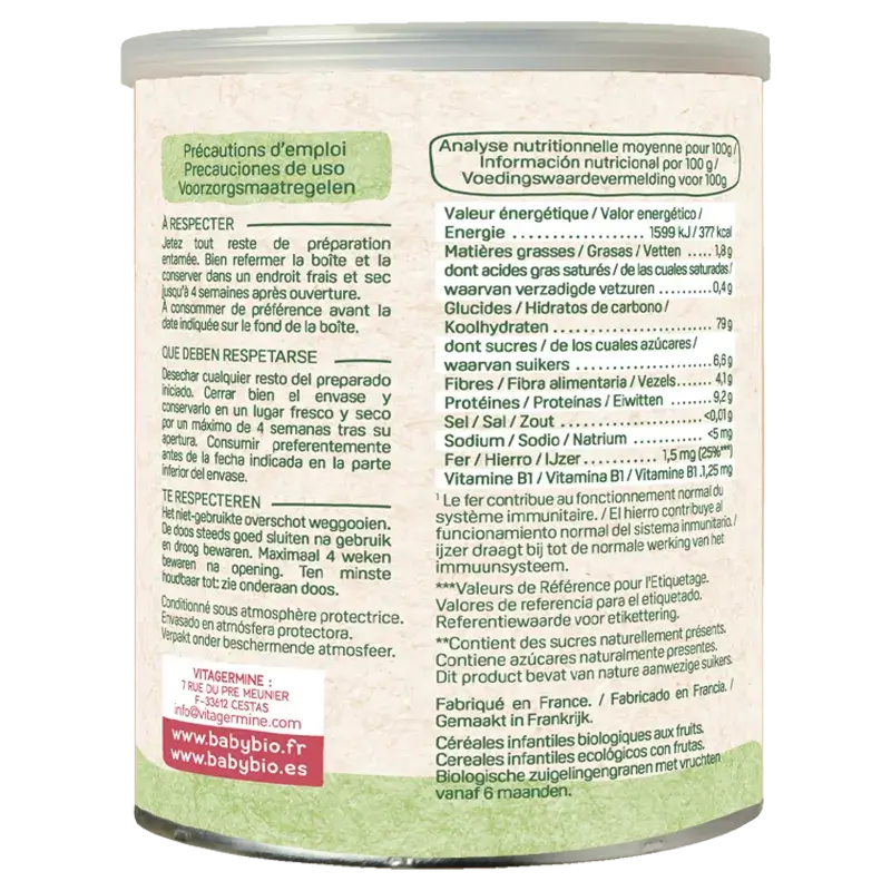 Babybio 5 Cereali con frutta , Confezione 2 x 220 grammi