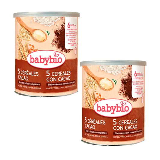 Babybio 5 Cereali con Cacao, Confezione da 2 x 220 g
