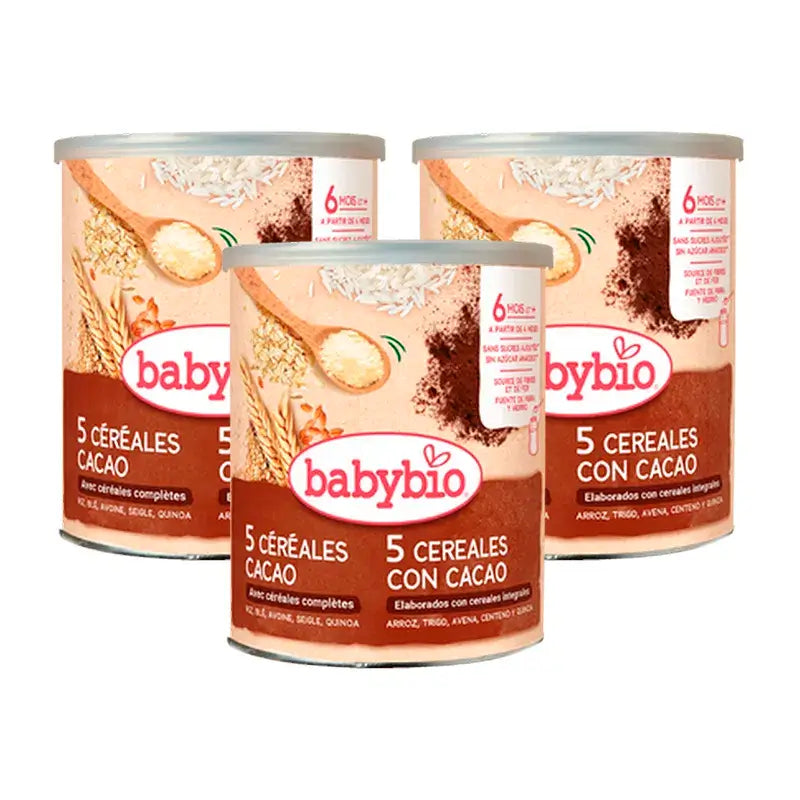 Babybio 5 Cereali con Cacao, Confezione 3 x 220 grammi