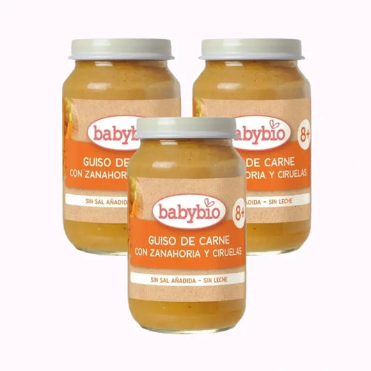 Babybio Stufato di manzo con carote e prugne, confezione da 3 x 200 grammi
