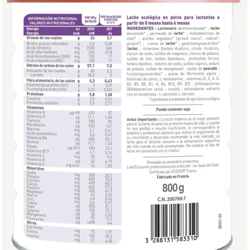Babybio Optima 1 Latte vaccino 0-6 mesi, Confezione 12 x 800 grammi