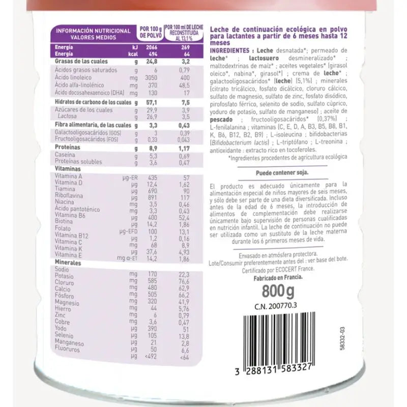 Babybio Optima 2 Latte vaccino 6-12 mesi, Confezione 8 x 800 grammi