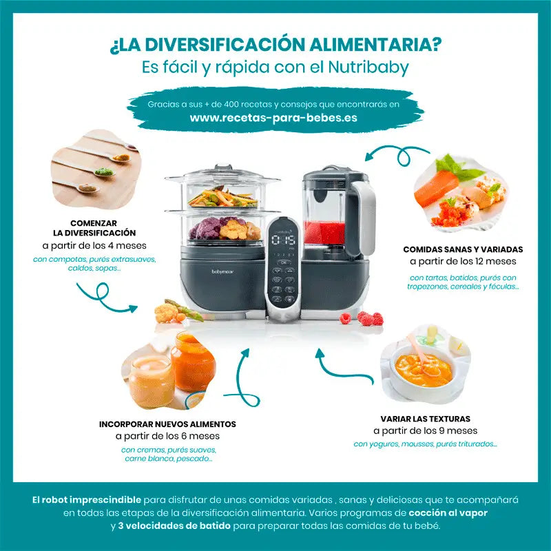 Babymoov Nutribaby (+) Robot culinario grigio industriale per frullare e cuocere a vapore