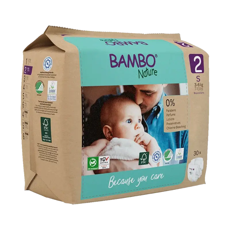 Pannolini Bambo Nature taglia 2 (3-6Kg), 30 pezzi.