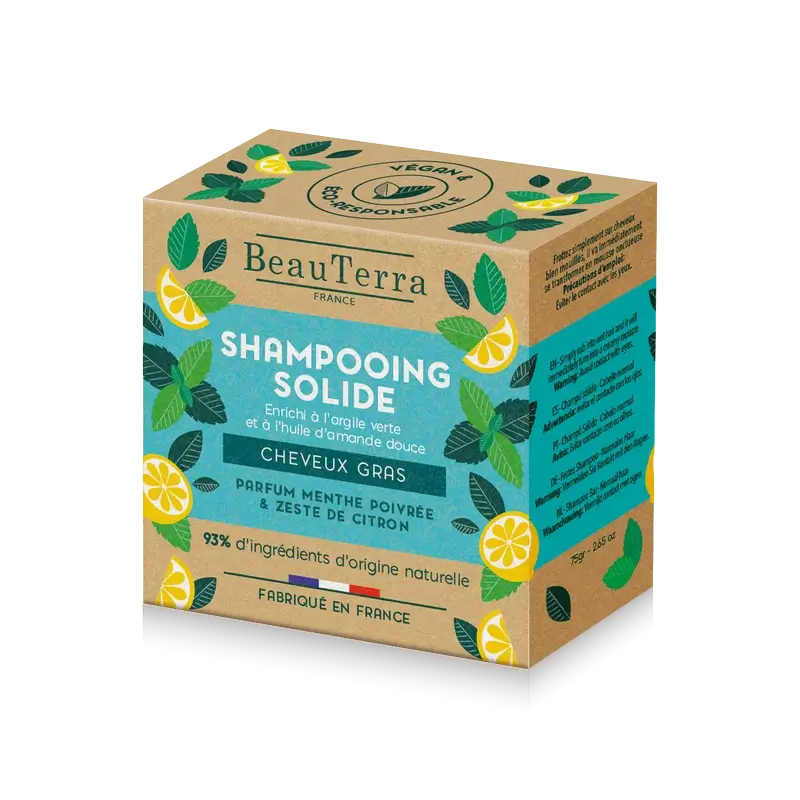 Beauterra Shampoo solido menta piperita e buccia di limone (capelli grassi) , 75 gr