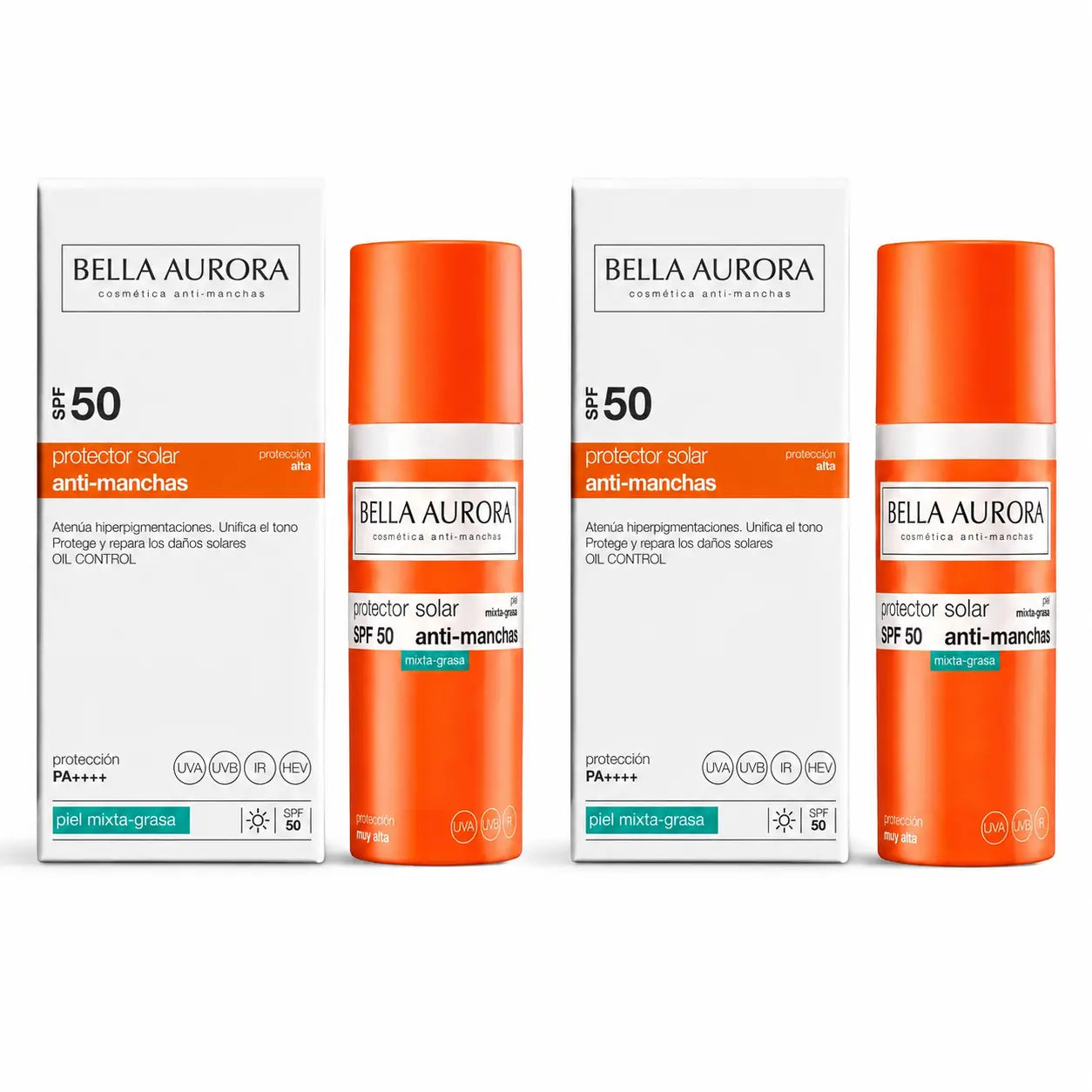 Bella Aurora Crema solare anti-macchie SPF 50. Pelle mista-grassa, 50 ml, confezione da 2