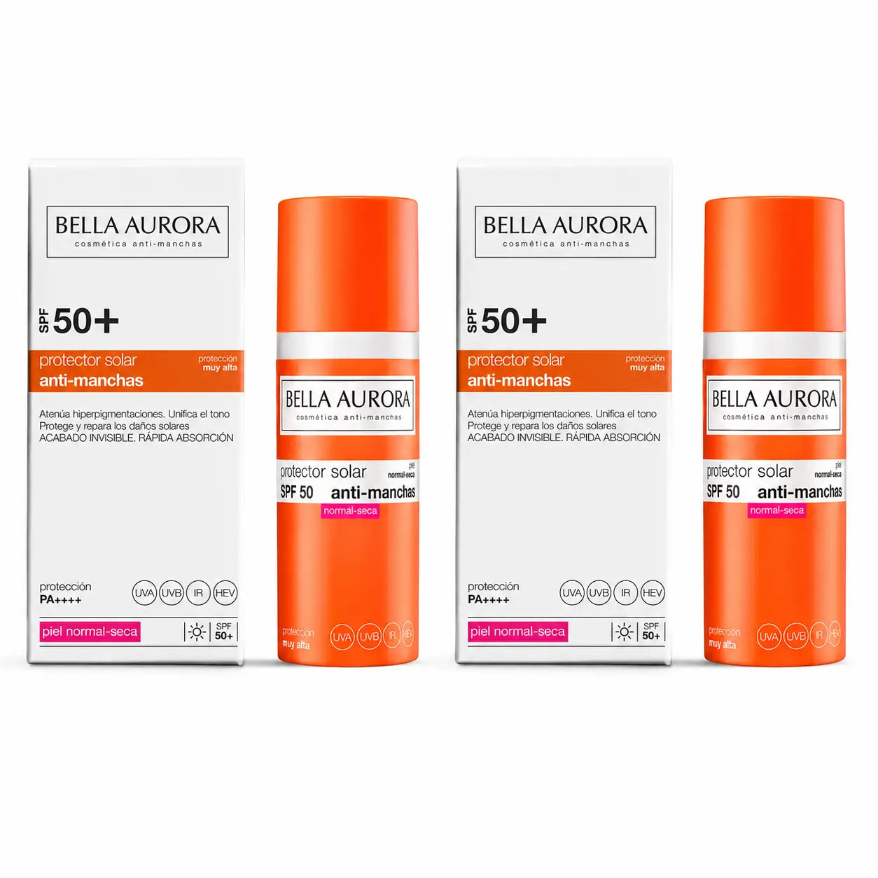 Bella Aurora Crema solare anti-macchie SPF 50+. Pelle normale-secca, 50 ml, confezione da 2