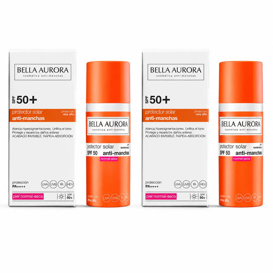Bella Aurora Crema solare anti-macchie SPF 50+. Pelle normale-secca, 50 ml, confezione da 2
