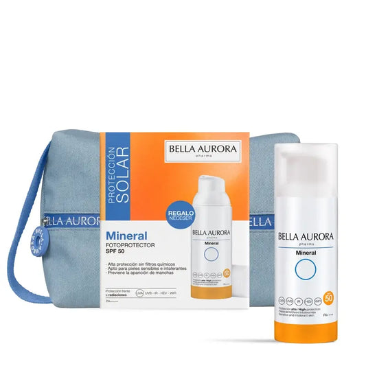 Bella Aurora Anti-Blemish Fotoprotettore minerale Spf50 + Jean Toiletry Bag Set regalo, 50 ml