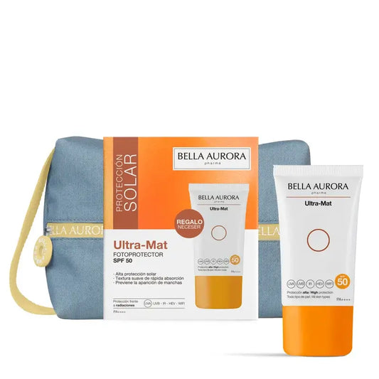 Bella Aurora Crema solare Ultra-Mat Spf50 + Set regalo Jean Toiletry Bag, 50 ml