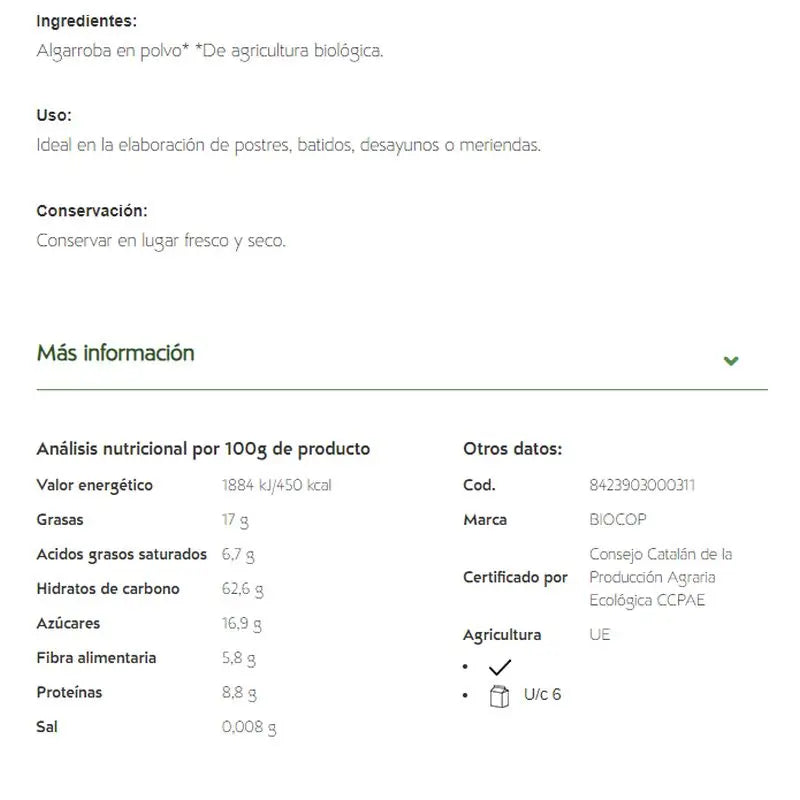Biocop Carruba in polvere 250Gr. Bio