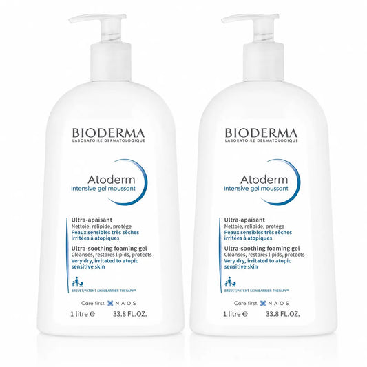 Bioderma Atoderm Gel Schiumogeno Intensivo per Pelle Secca 1 litro, confezione da 2