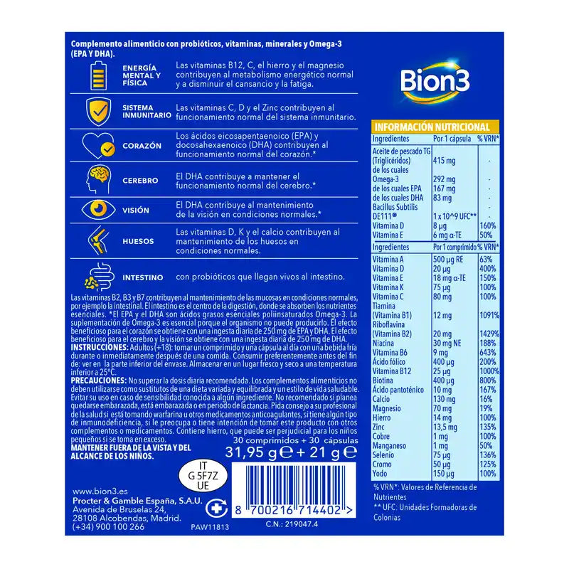Bion3 Multi e Omega-3 con probiotici, 60 capsule