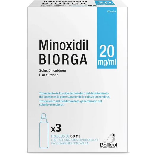 Biorga 20 Mg/ ml Minoxidil Soluzione Cutanea 3 Flaconi 60 ml + 3 Attuatori a beccuccio e 2 Attuatori a cannula