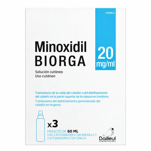 Biorga 20 Mg/ ml Minoxidil Soluzione Cutanea 3 Flaconi 60 ml + 3 Attuatori a beccuccio e 2 Attuatori a cannula