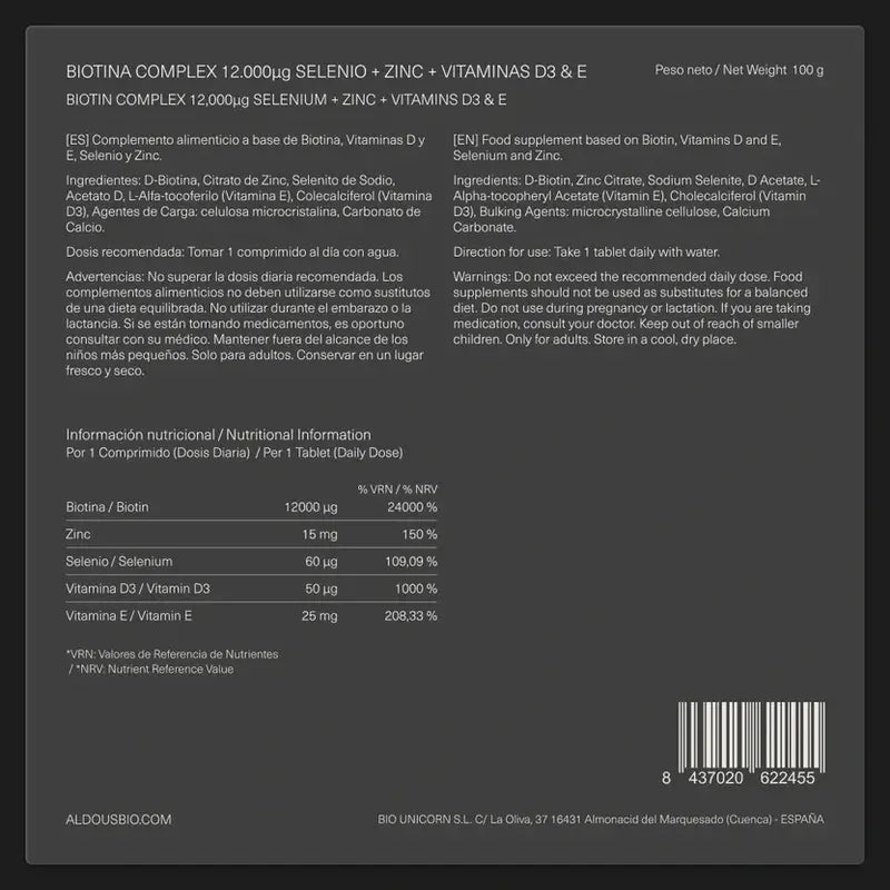 Aldous Labs Biotin con zinco, selenio, vitamina D3 e vitamina E