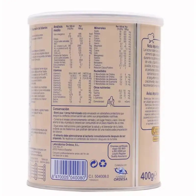 Blemil Plus 1 Lattina di riso idrolizzato 400 g