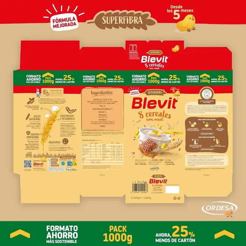 Blevit Baby Food Superfibre 8 Cereali e Miele, 1000 gr.